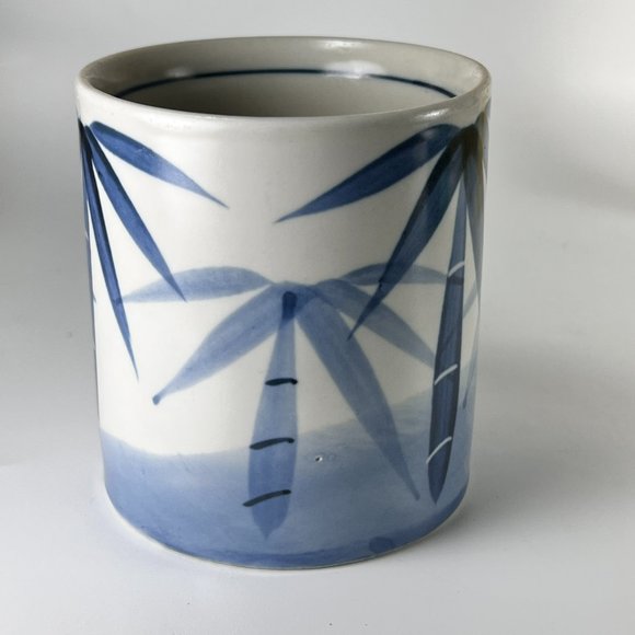 Vtg Bamboo Coffee Cup Mug Hand Painted Blue White Ceramic - Picture 5 of 10